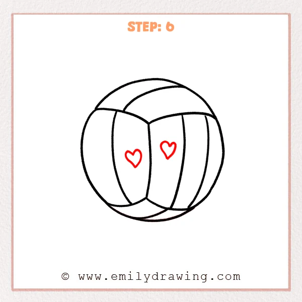 how to draw a cartoon volleyball - Step 6 of a cartoon volleyball drawing adds two small heart icons on the center panels to decorate the volleyball.